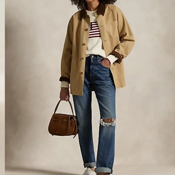 NWT Polo Ralph Lauren Beige Oversize Jacket Corduroy Collar Cuff Size Medium - Picture 3 of 13